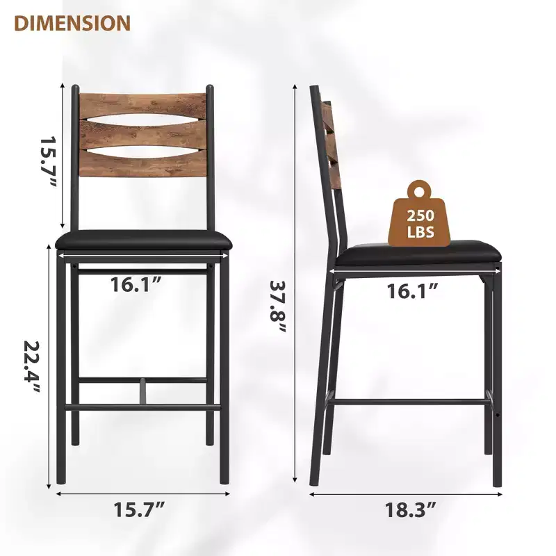 GustoWave Thick Cushioned Bar Stools Set of 2 - Faux Leather Stools with Wood Backrest