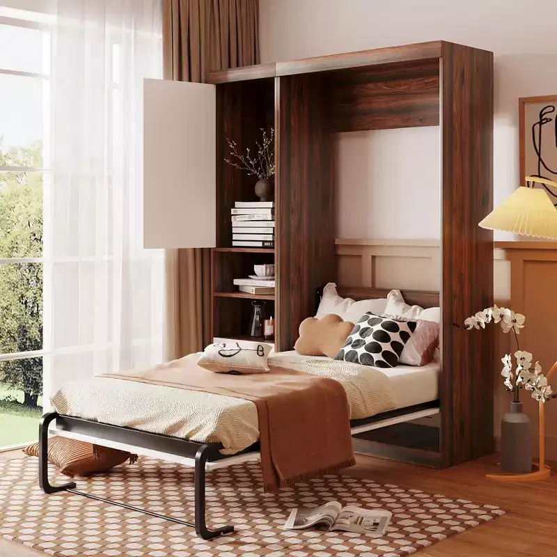 Wood Murphy Wall Bed with Cabinet and Shelves Twin/Full