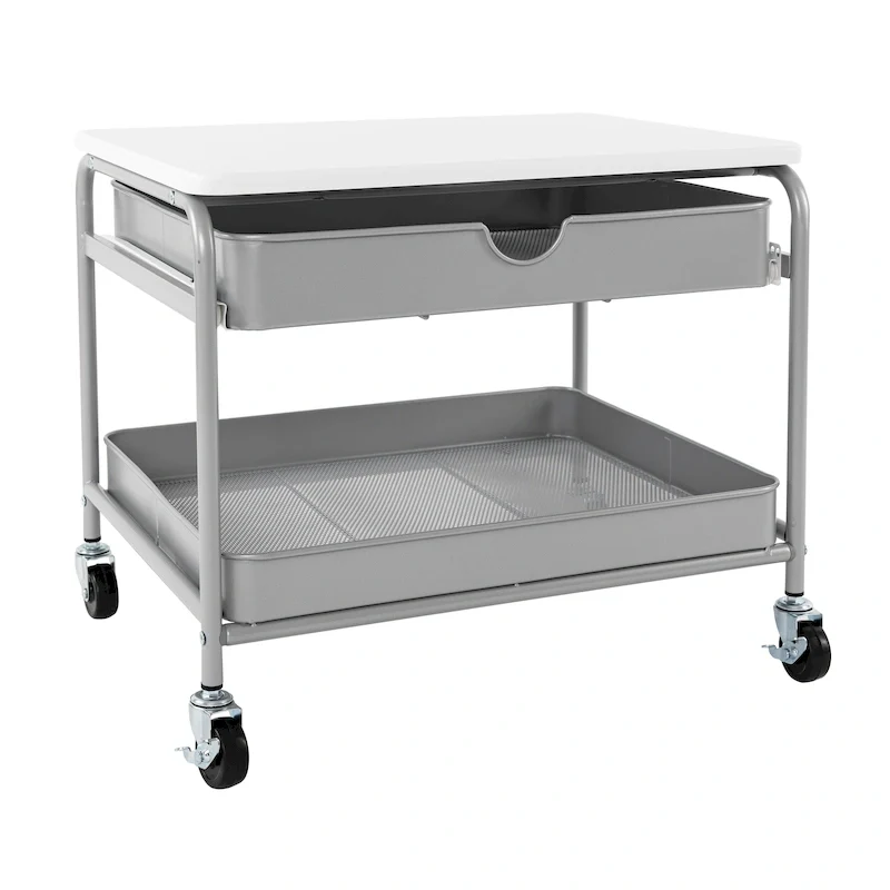 Under-Desk Printer Cart with 2 Wire Baskets & Locking Wheels – White / Silver, Steel Frame, 4 Casters