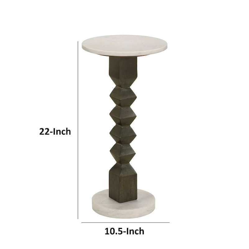Drink Side Table, 11 Inch Round Marble, Spindle Pedestal Base, White, Gray