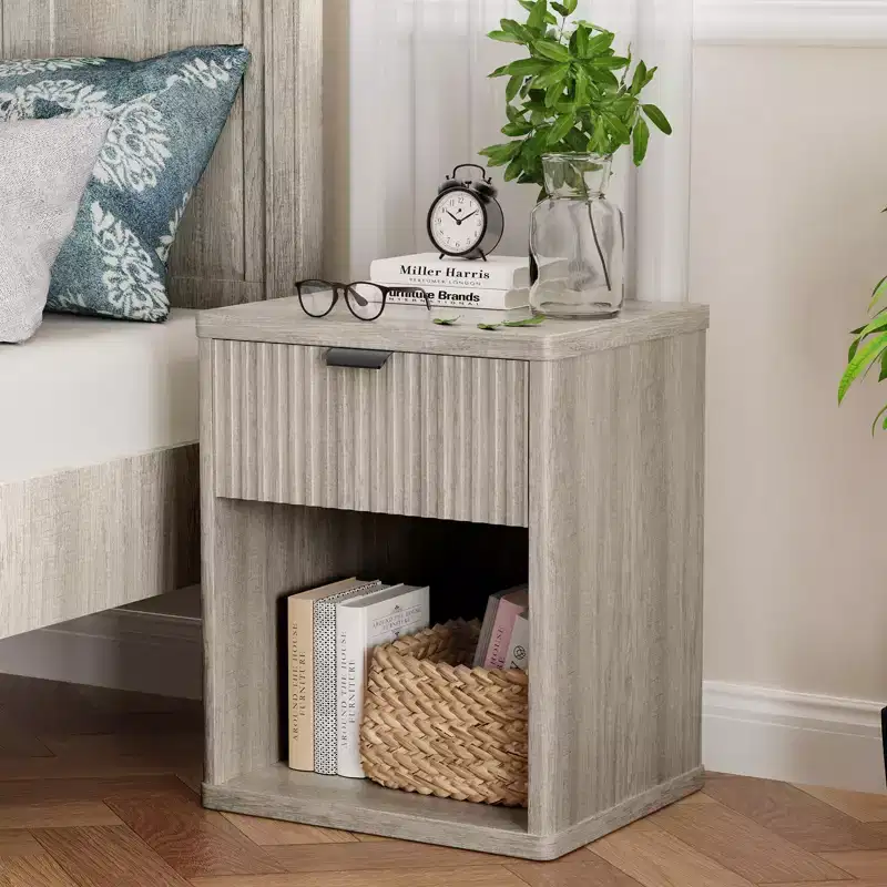 Brown Hardwood Nightstand with Drawer & Open Storage, 1-Piece