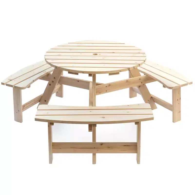 GardenisedWooden Outdoor Round Picnic Table with Bench for Patio, 6- Person with Umbrella Hole