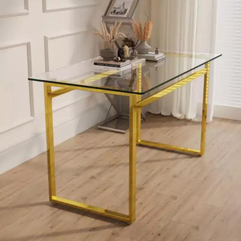 Modern Minimalist Rectangular Glass Dining Table for 4-6 with 0.31 Tempered Glass Tabletop and Golden Chrome Metal Legs