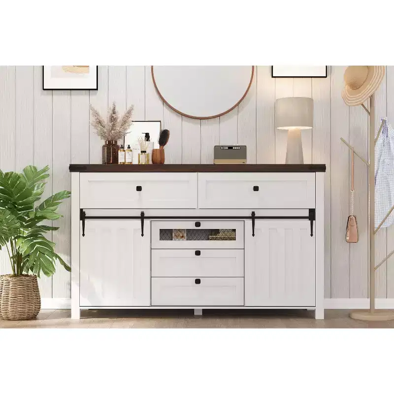 Buffet Cabinet, Sideboard Storage Cabinet with 5 Drawers and 2 Sliding Barn Doors, Wood Table with Adjustable Shelf, for Living Room, Dining Room