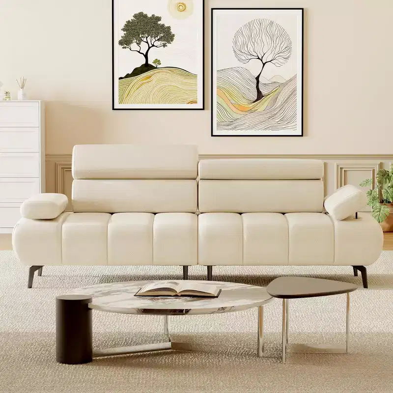 GustoWave 3 Seater Sofa Couch, 6-Level Adjustable Armrests and Headrest, Morden PU Leather Sofas with Two Independent Sofas, Beige