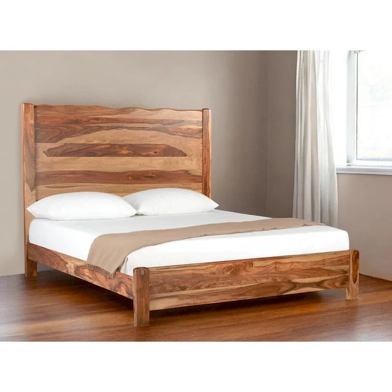 King Solid Sheesham Wood Bed Frame with Live Edge Panel Headboard and Footboard – Brown, 2-Person Use