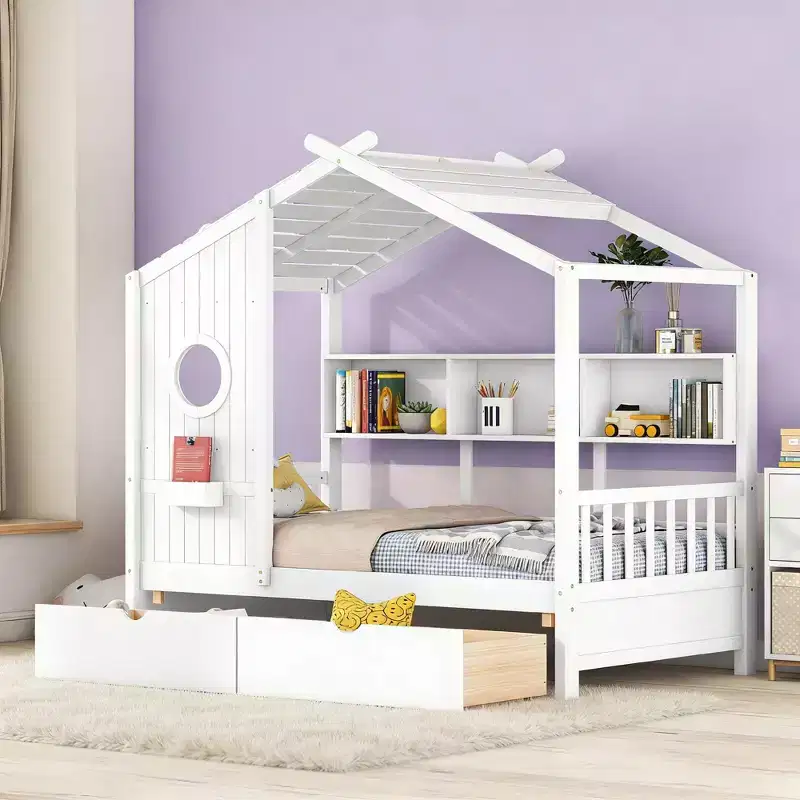 House Shape Bed Frame With 2 Drawers, Shelves, Window and Roof