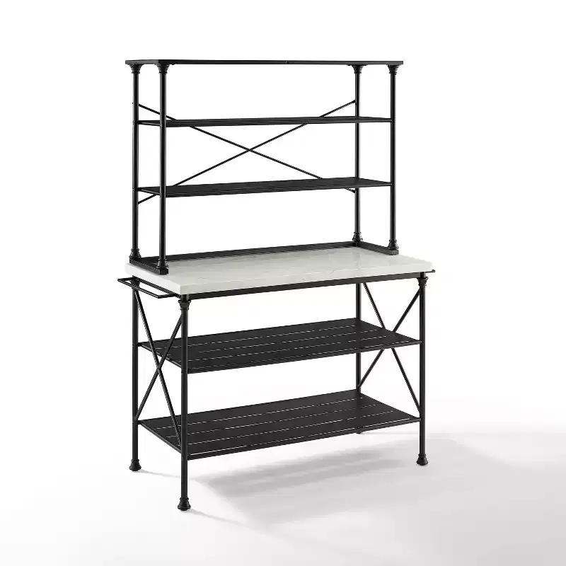 Kitchen Island and Hutch - Matte Black, Veneer Surface, Metal Frame, 6 Open Shelves