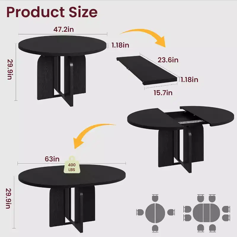 47-63 Extendable Dining Table for 4-8 People, Wooden Round Kitchen Table with Wider Leg, Modern Extendable Dinner Table without Chair, Walnut
