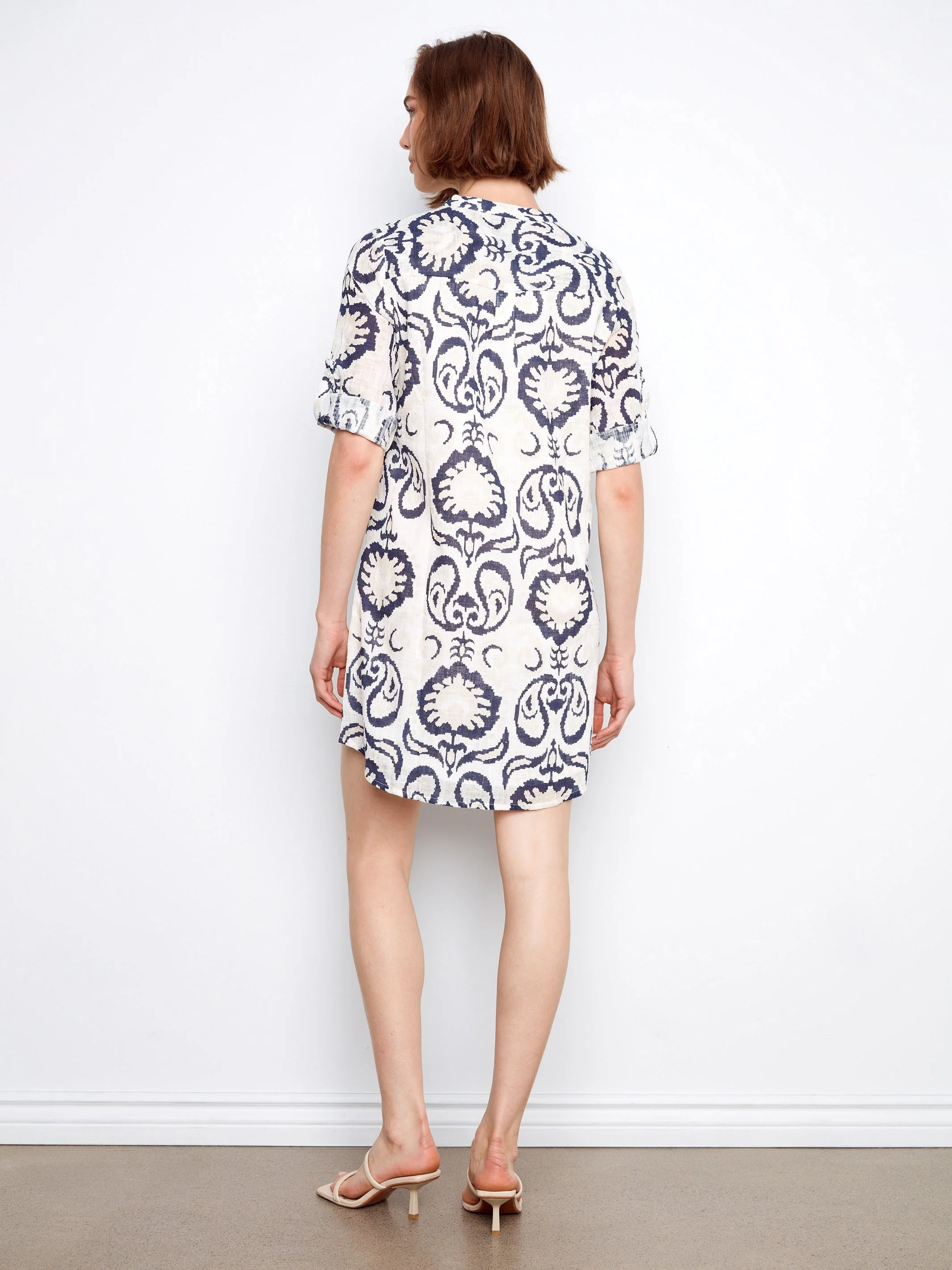 Printed Cotton Blend Henley Shirt Dress - Patterned