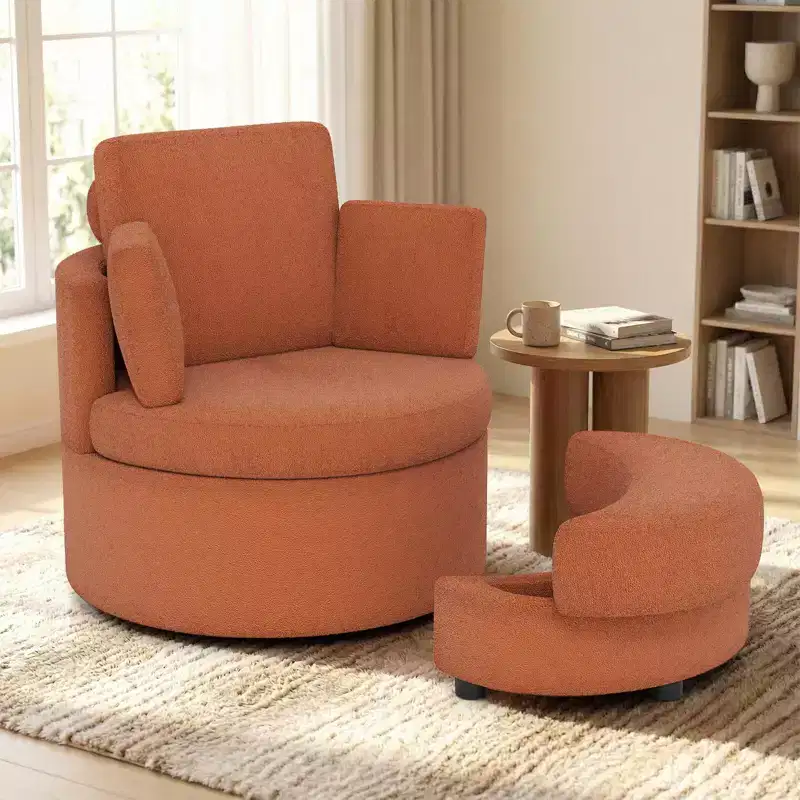 Costway 360 Swivel Accent Chair with Half Moon Storage Ottoman 3 Removable Pillows, Office White/Terracotta