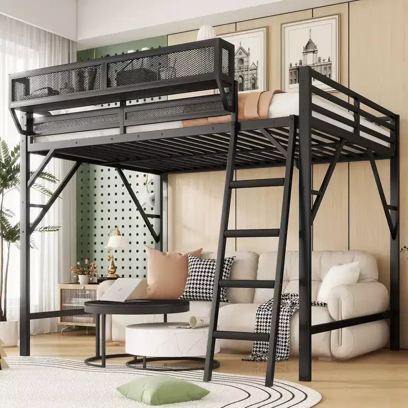 Okak Queen/Full Metal High Loft Bed with Ladder & Storage Shelves,Contemporary Bed Frame for Bedroom,Apartments