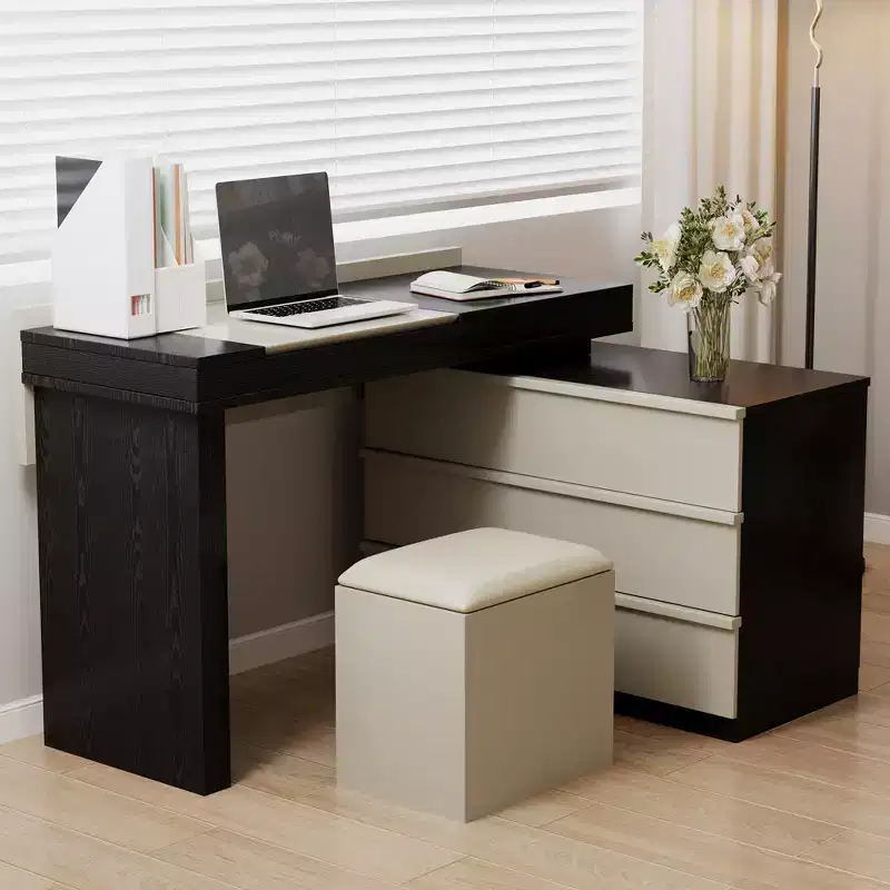 Luck Live Modern desk or vanity table that can be adjusted and extended at multiple angles, accompanied by a soft stool.