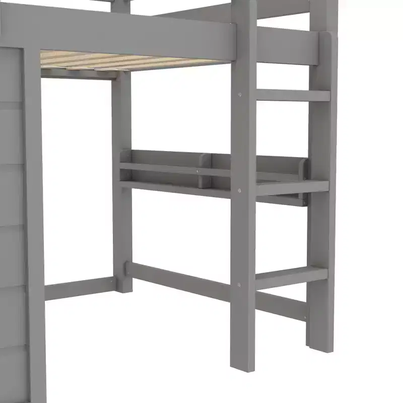 Kids Loft House Bed with Chalkboard | Twin/Full Wood Bed Frame with Play Space & Built-in Bookshelf | Cabin-Style Bunk for Boys & Girls