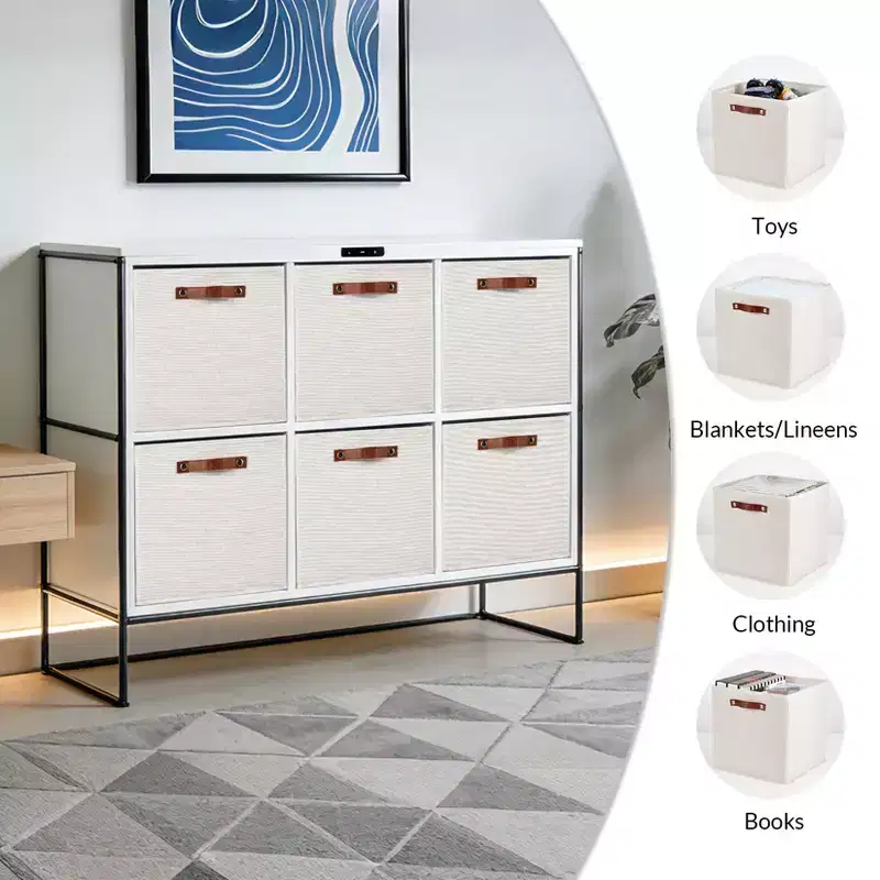6-Pack 11 Inch Linen Storage Bins with Leather Handles, Foldable Open Front Cube Baskets for Closet Shelves