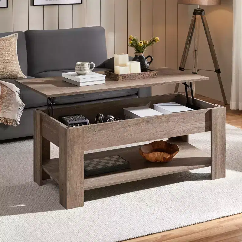 Lift Top Coffee Table with Hidden Compartment & Open Shelf For Living Room