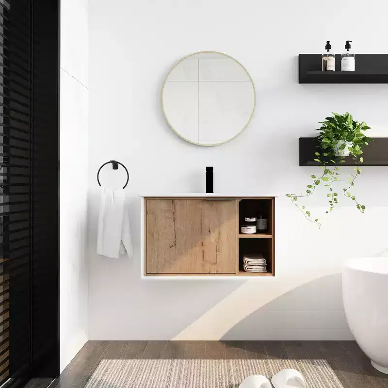 Eco-friendly plywood vanity cabinet, scratch-resistant and waterproof, with ceramic sink. Adult assembly required. Suitable for bathrooms.