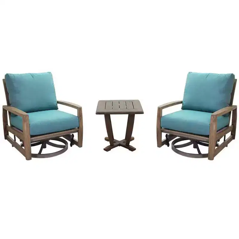 Courtyard Casual Avalon FSC Teak 3 pc Motion Seating Set Includes: Two Swivel Gliders and One Square End Table