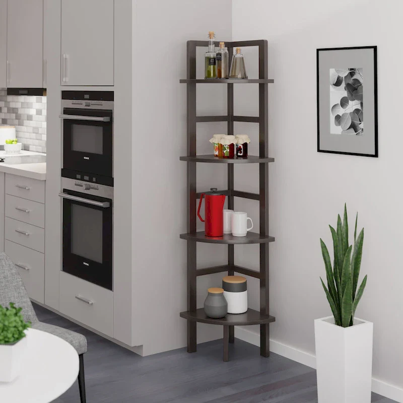 4-Shelf Corner Baker's Rack – Brown / Coffee, Solid Wood, 90° Corner Fit