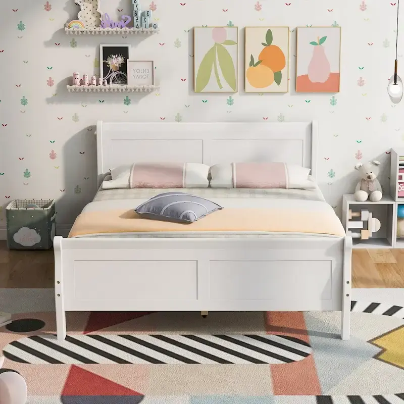 Twin/Full/Queen Wood Frame Sleigh Bed with Footboard