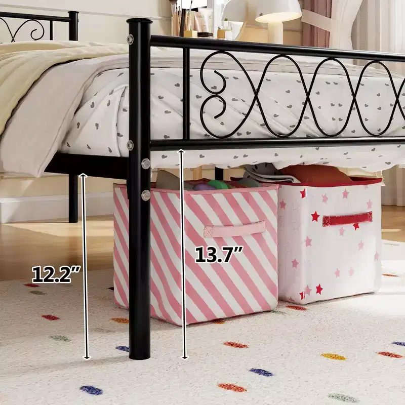 Black Twin XL Bed Frame with Headboard and Footboard for Girls and Boys, Metal Platform Bed Frame with Iron-Art Sweet Heart, No Box Spring Needed
