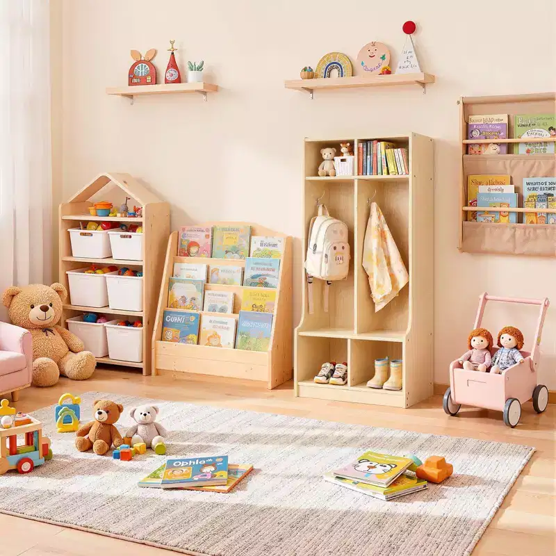 VEVOR 2-Section Kids Coat Locker, Wooden Toddler Cubby Storage Organizer with 4 Hooks & Anti-Tip Kit & 4 Small Open Storage Boxes, Wood Color