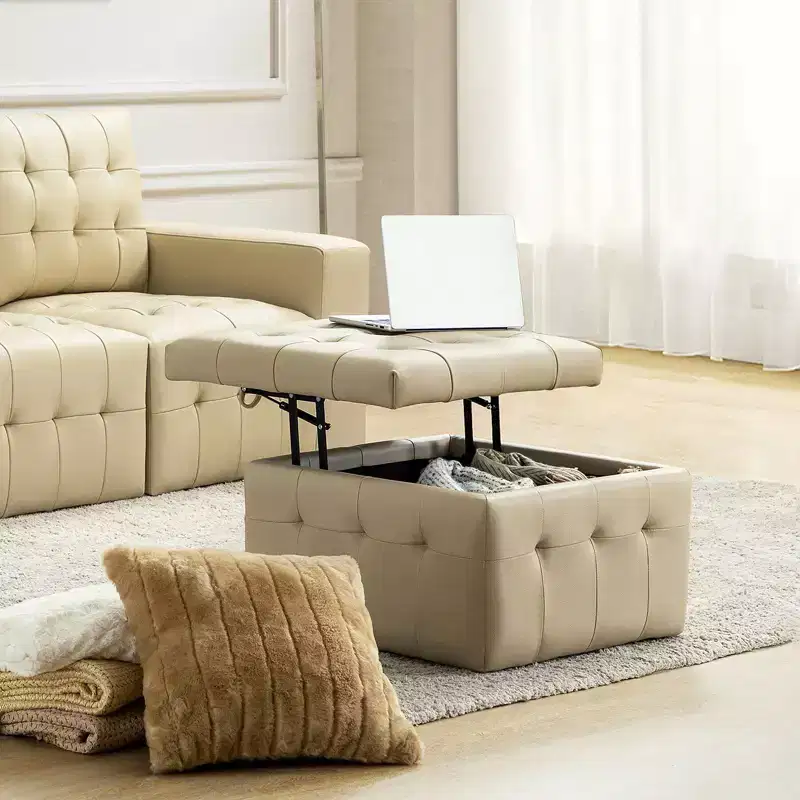 24-Inch Genuine Leather Tufted Square Ottoman with Storage