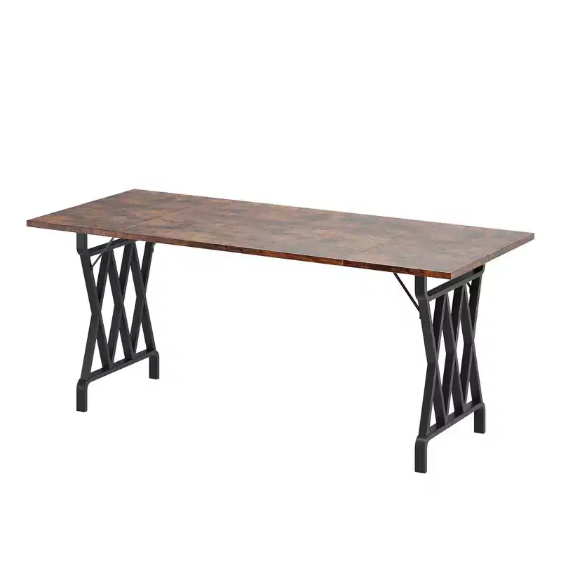 Farmhouse Dining Table with Metal Base, Rustic Wood Top for Dining Room, Restaurant & Cafe