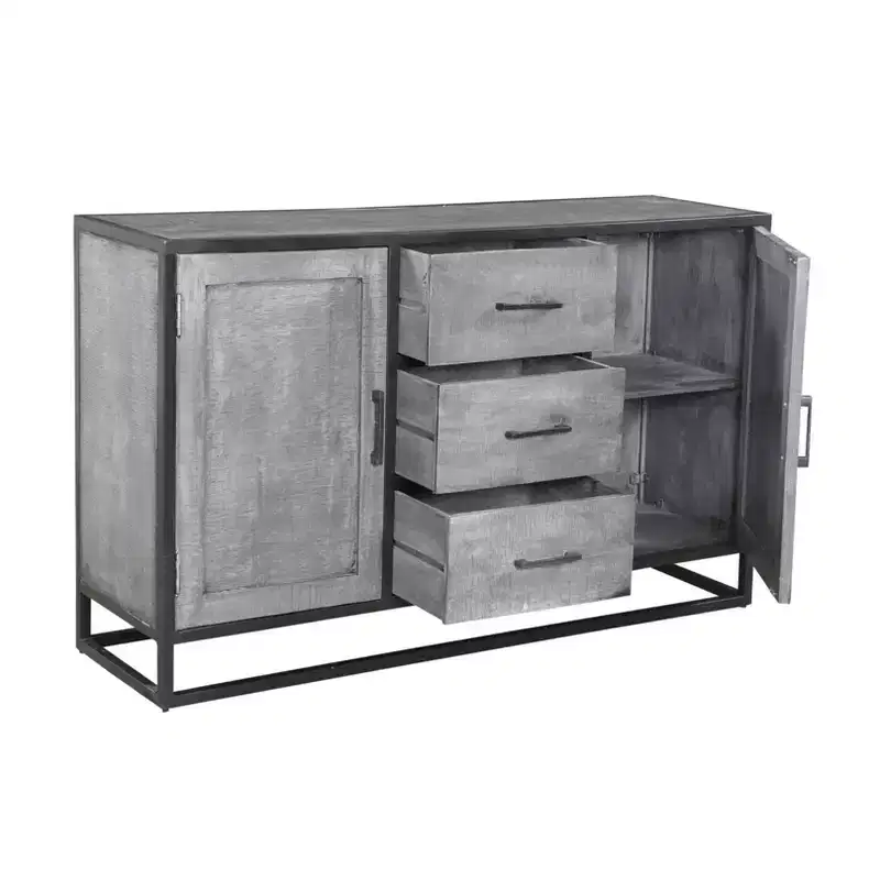 Mango Wood Sideboard with Metal Frame, Gray Finish – 3 Drawers & 2 Doors