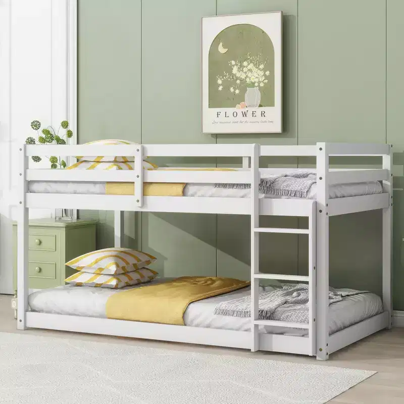 77.3IN Twin-Over-Twin Floor Bunk Bed with Ladder, Twin Bed with Guardrail and Strengthened Slats, Bed Frames for Kids Room, Gaming Room, White