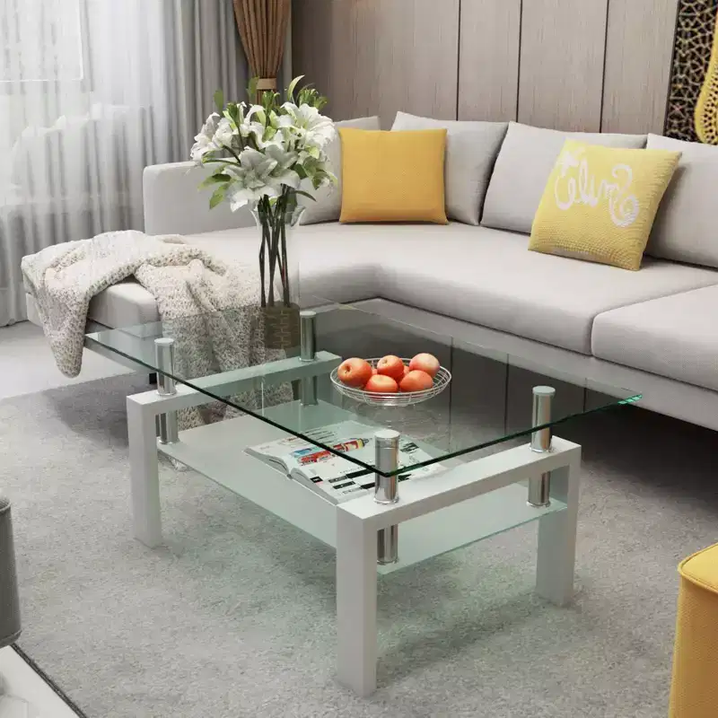 Rectangle Glass Coffee Table, Coffee Table with Double Storage Space, Metal Tube, Mid Century Modern End Table for Living Room