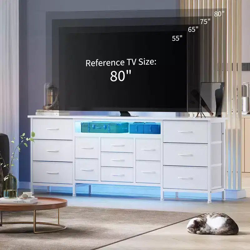 70 Inch Long Dresser with 13 Drawers, TV Stand for 65-80 Inch TV with Charging Station, Fabric Storage Organizer for Bedroom & Living Room