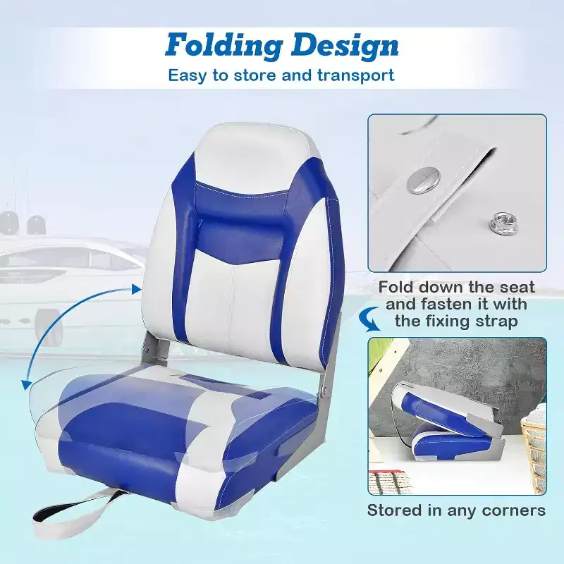 Gymax 1/2PC High Back Boat Seat Folding Fishing Seat w/ Soft Padded Cushion Fold-down Captain Boat Seat w/ Flexible Hinges Black/Blue