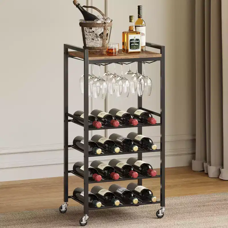 Freestanding Wine Rack with Glass Holder, 16 Bottles, Rustic Wood and Metal