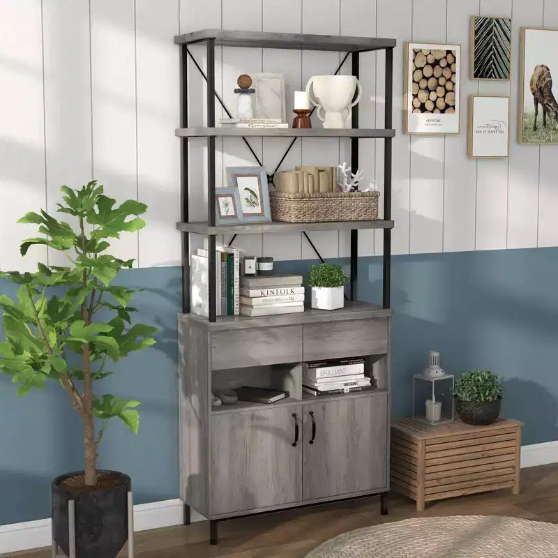 Rustic Bookcase with Storage, Metal Frame : Industrial Design, Enclosed Cabinet