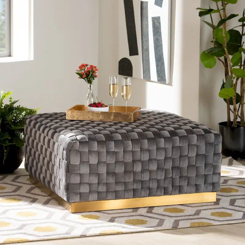 Grey Velvet Square Cocktail Ottoman – Medium
