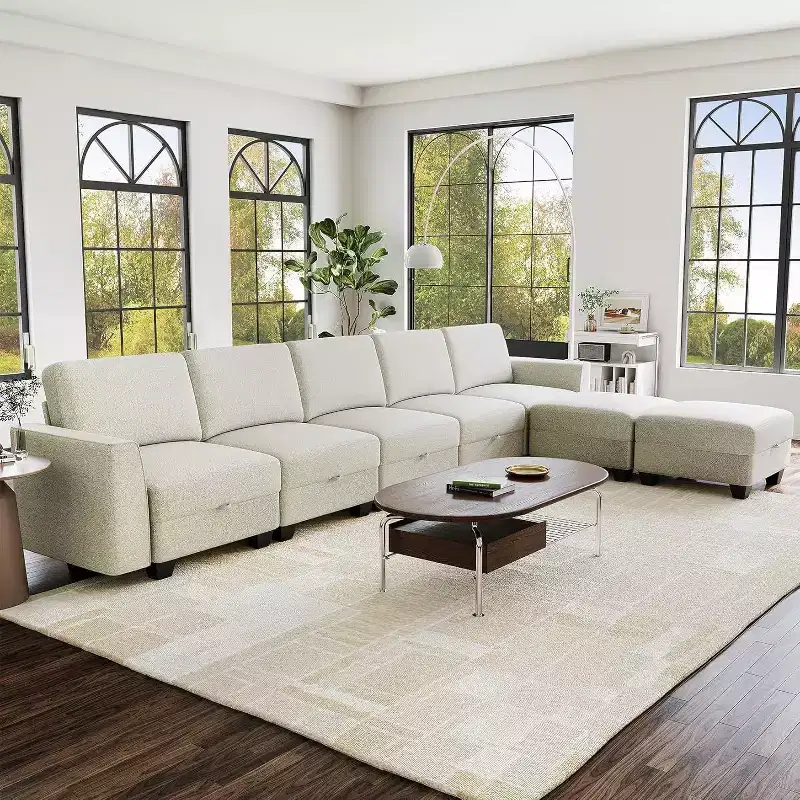 140 Large U Shaped Sectional Couch with Ottoman Chaise, Convertible Modular Sectional Sofa with Ottomans with 7 Seat for Living Room, Office, Beige