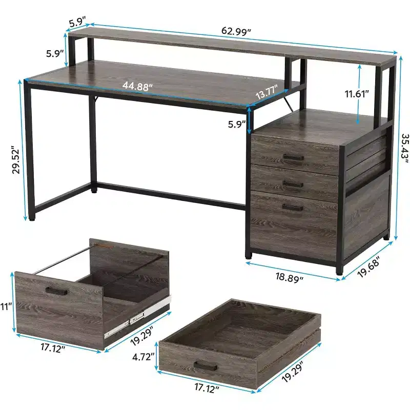 Lantine 63 Inch Industrial Computer Desk with File Drawer, Monitor Stand, Printer Space, Ergonomic Office Workstation for Home Office.