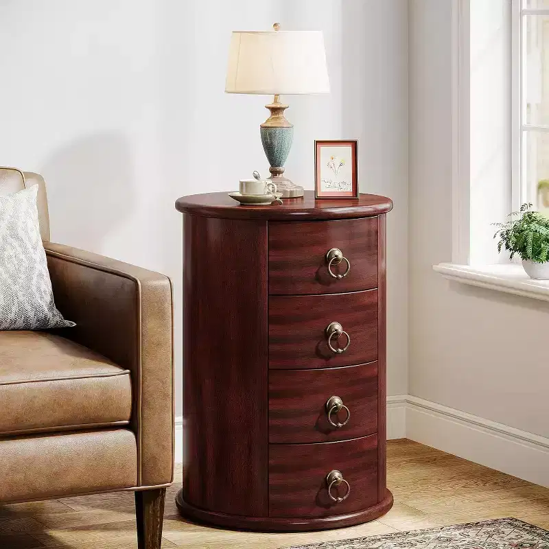 Lantine Fully Assembled End Table, Round Side Table with 4 Drawers for Living Room Bedroom