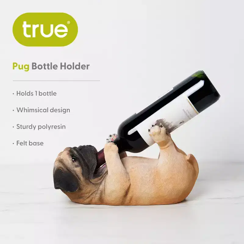 True Pug Polyresin Wine Bottle Holder, Cute Dog Wine Holder, Animal Wine Rack, Kitchen Decor, Home Bar Gifts, Holds 1 Standard Wine Bottle, Set of 1