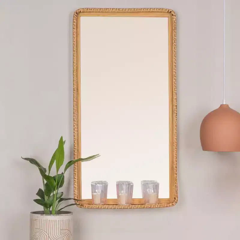 Handwoven Rattan and Bamboo Rectangular Wall Mirror with Shelf, Natural