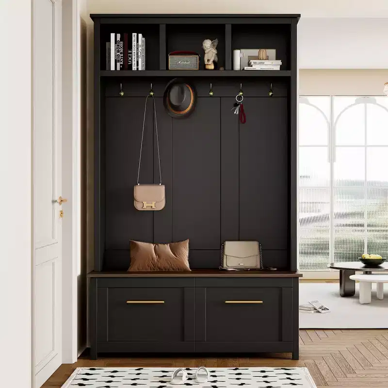 Versatile 4-in-1 Hall Tree with 6 Golden Hooks, Wood Grain Bench with Multiple Storage Space, Entryway Coat Rack with 2 Drawers