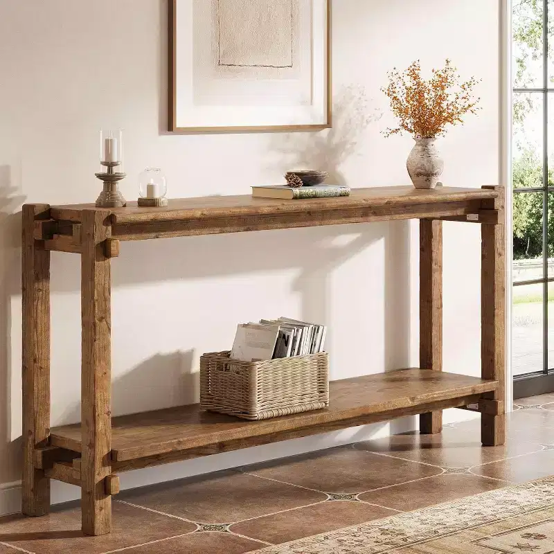 Lantine 63-Inch Solid Wood Console Table, 2-Tier Farmhouse Entryway Table for Living Room, Entrance, Behind Sofa