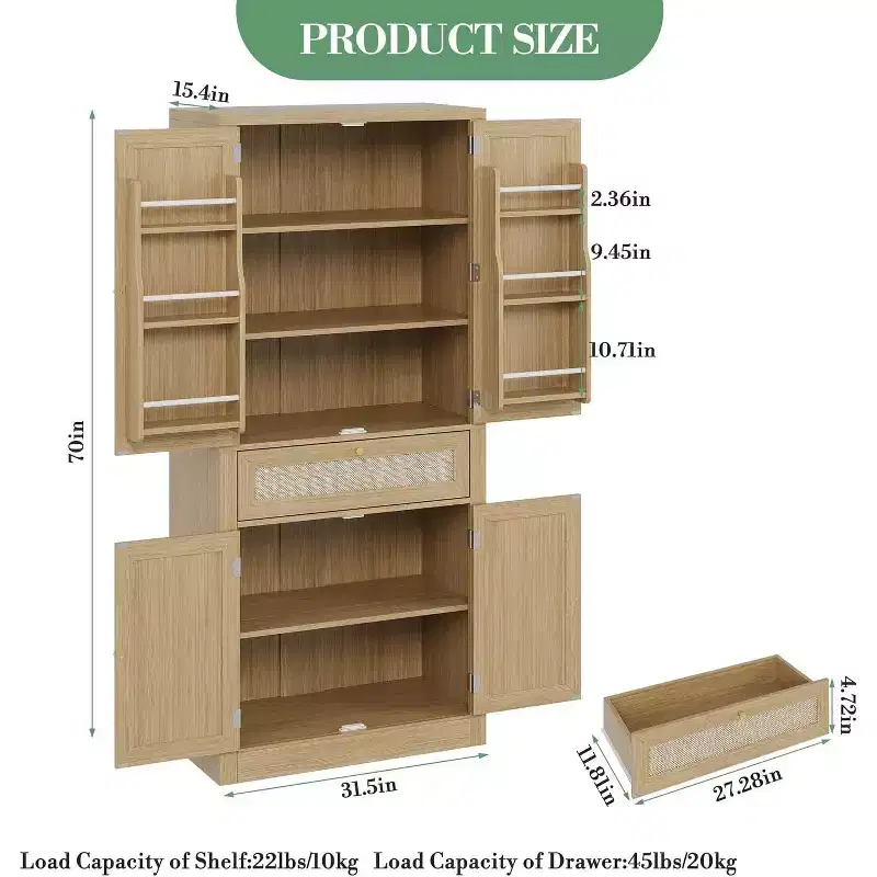 70inch Tall Kitchen Pantry Cabine, Rattan Doors Freestanding Cupboard Storage Cabinet
