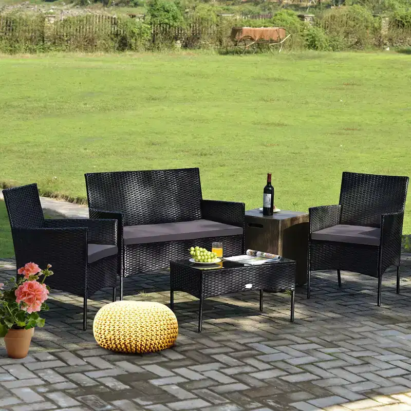 Costway 4PCS Outdoor Furniture Set Patio Rattan Conversation Set w/ Gray & Off White Cushion