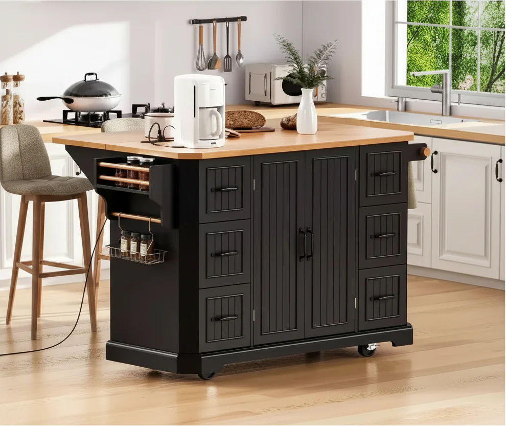 Rolling Kitchen Island with Drop Leaf & Power Outlet – Rubber Wood, Drawers, Wheels