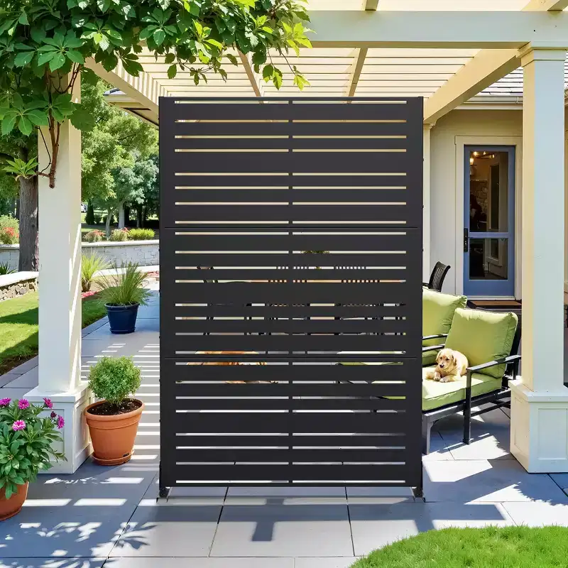 MAYEERTY Outdoor Metal Privacy Screen 6ft  4ft Black, 6-Panel Wide-Narrow Louvered Galvanized Iron for Garden