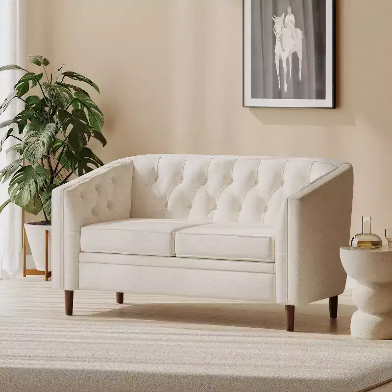 Tufted Loveseat with Button-Tufted Diamond Stitch, Beige/Espresso