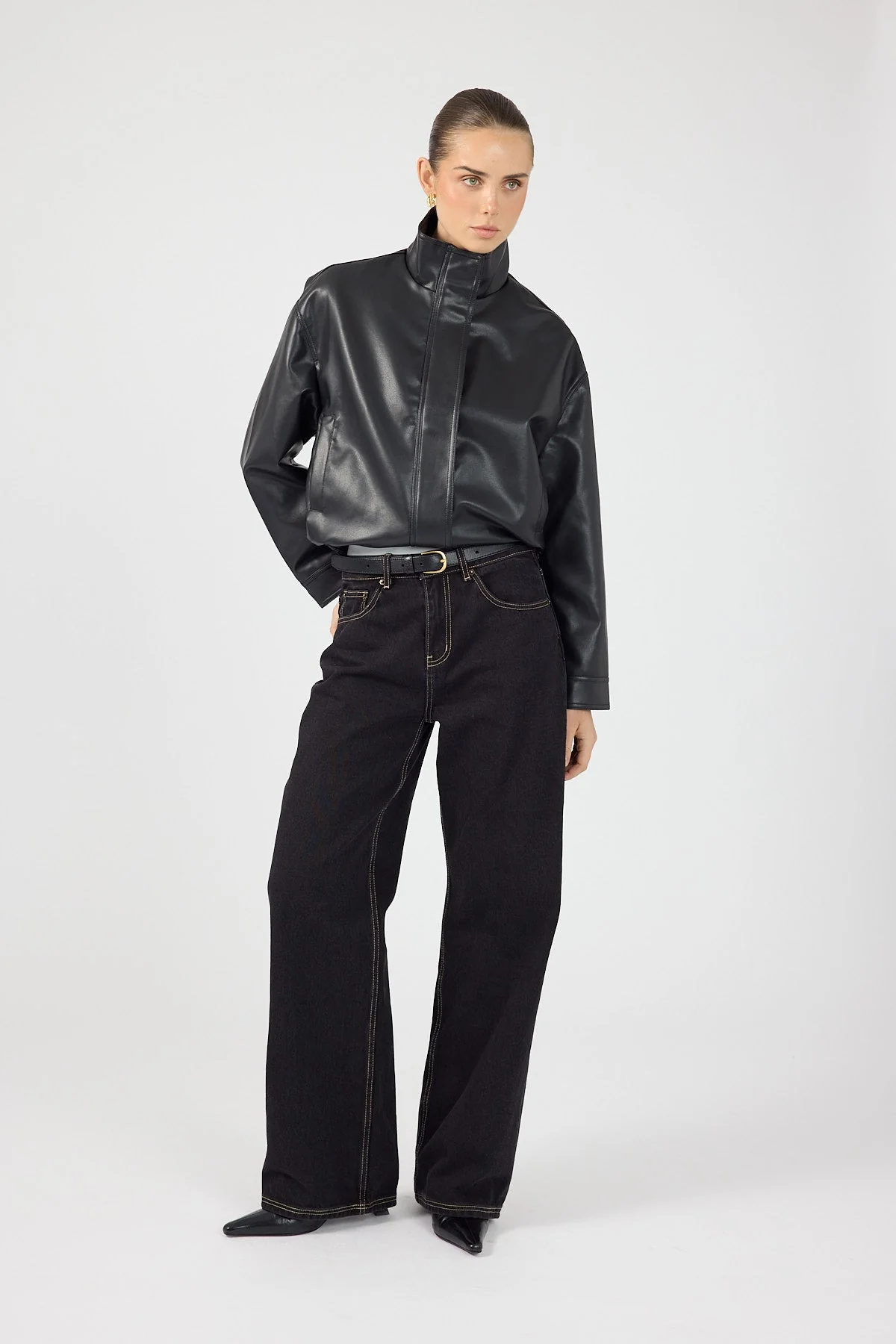Funnel Neck Faux Leather Bomber Jacket Black