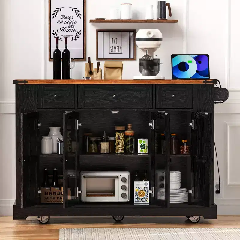 Farmhouse Kitchen Island with Drop Leaf and Wheels, Kitchen Storage Cart with Drawers and Glass Doors, Rolling Kitchen Island with Power Outlet